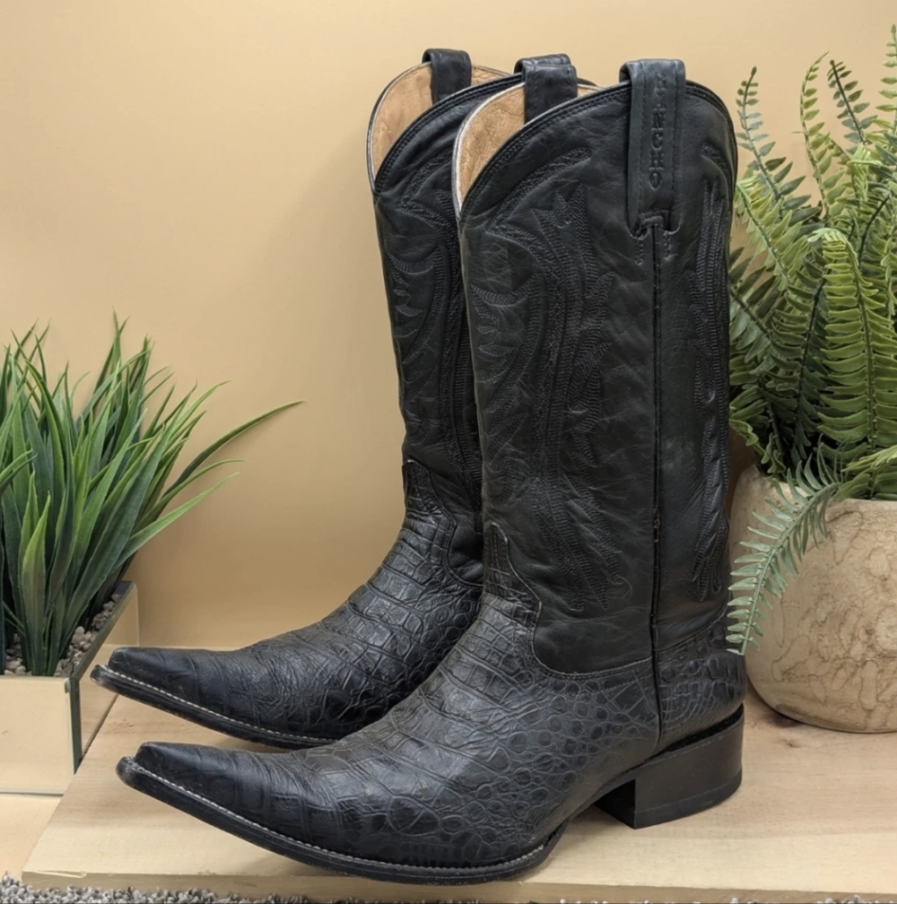 Rancho Horned Reptile Embossed Long Toe Black Leather Boots Mens Size 9.5EE***